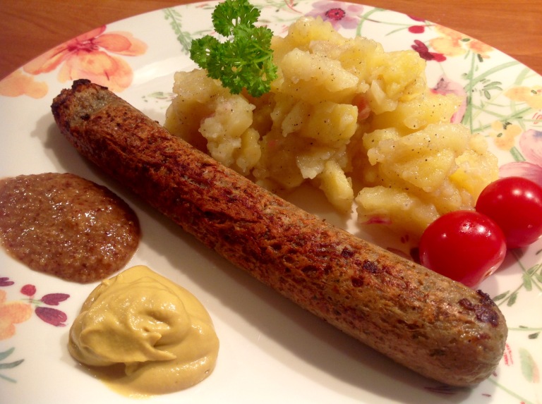 Vegan sausages and homemade potato salad
