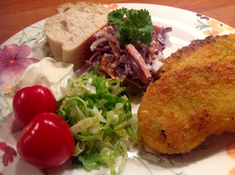 Vegetable cutlets with coleslaw, salad and mayonnaise
