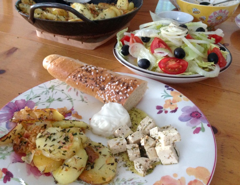 Greek salad, vegan mayonnaise, roasted potatoes and tofu ‘feta’