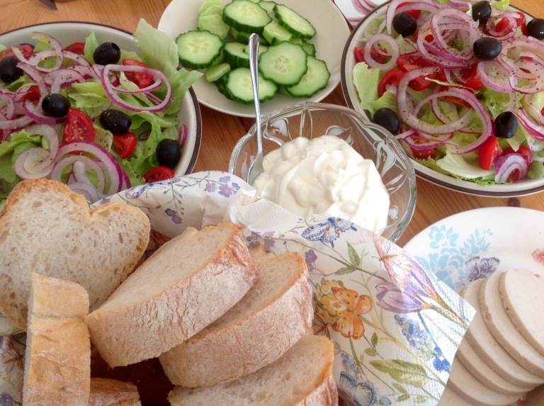 Nuttolene, Greek salad, vegan mayonnaise and bread