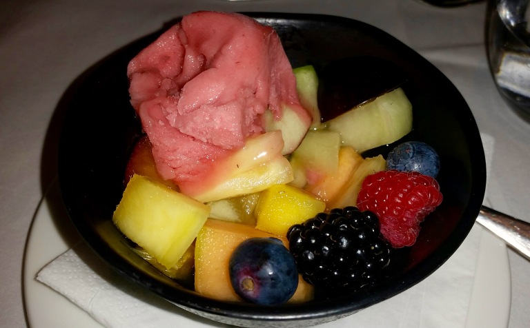 Fresh fruit salad and raspberry sorbet