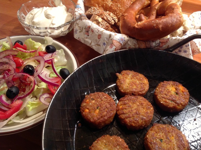 Mini burgers, greek salad and vegan mayonnaise