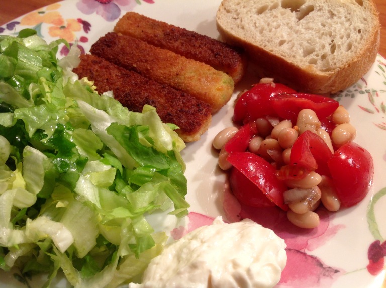 Veggie fingers, salad, vegan mayonnaise and bread