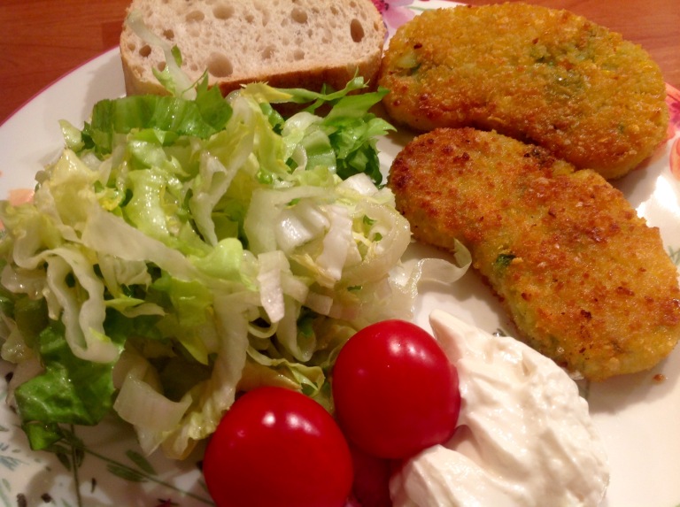 Vegetable cutlets, endive salad, and vegan mayonnaise