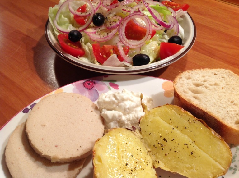 Nuttolene, Greek salad, baked potato and mayonnaise